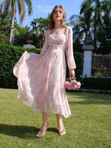 Women's Floral Printed Lantern Sleeve Dress - Pink - View 8