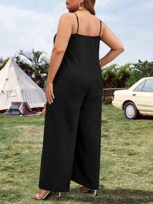 SHEIN Clasi Kích thước lớn Cổ chữ V Túi ẩn Bộ áo liền quần Cami Với quần ống rộng - màu đen - Xem 2