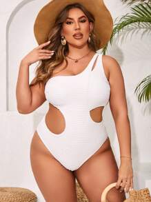 SHEIN Swim Curve Plus Size Women's Solid Color Hollow-Out Waist Asymmetrical Neck Sleeveless One Piece Swimsuit, For Summer Beach Vacation
