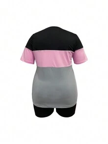 Conjunto de camiseta de manga corta con cuello redondo y shorts de talla grande con bloque de color para moda de verano - Gris - Ver 2