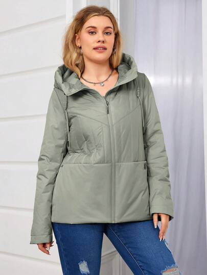 Abrigo Acolchado Con Capucha Con Cordones Delanteros Y Cremallera De Color Sólido