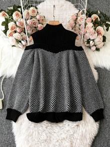 SHEIN LUNE 大码女式露肩灯笼袖套头毛衣针织衫秋冬款 - 黑與白 - 查看 2