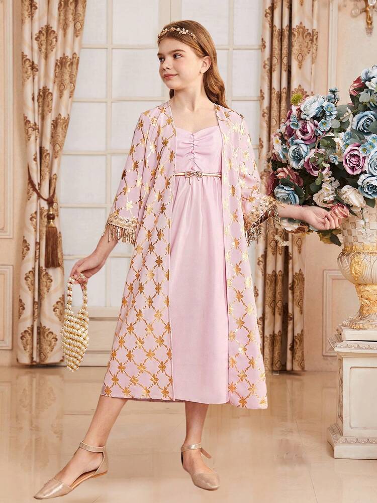 2pcs/Set Cute Metallic Printed Jacket And Dress For Tween Girls