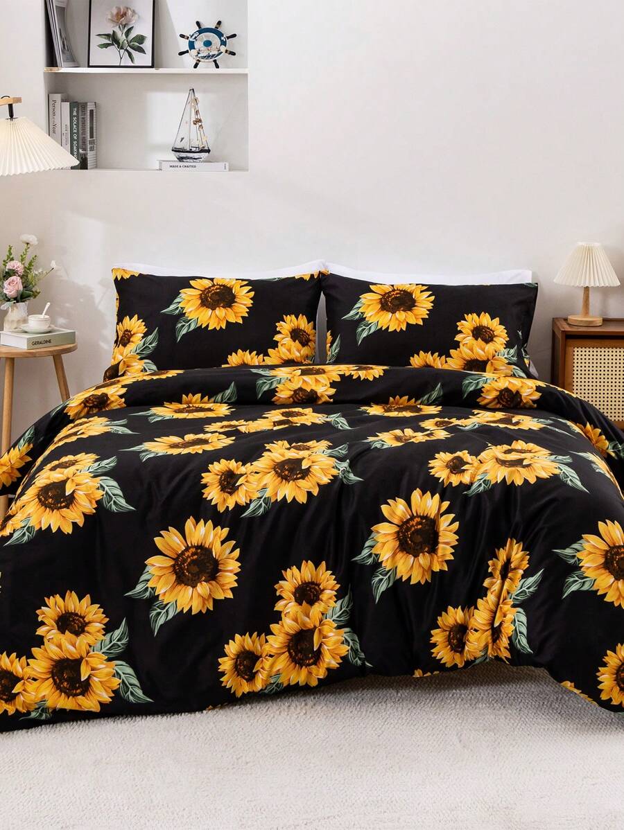 3pcs/Set Sunflower Bedding Set, Full Size, Solid Color Background With Sunflower Pattern, Comfortable Sunflower Duvet Cover Set Bedroom Decor 3pcs (1 Duvet Cover + 2 Pillowcases, No Insert) / Travel / Dorm (For Boys & Girls) - Black - View 1
