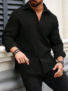 Manfinity Homme Men's Solid Color Casual Long Sleeve Shirt, Fall - Black - View 3