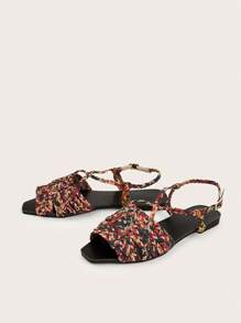 Sandalias planas para mujer con correas tejidas multicolor, patrón tejido aleatorio, patrón floral y de hierba multicolor aleatorio - Multicolor - Ver 2