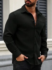 Manfinity Homme Men's Solid Color Casual Long Sleeve Shirt, Fall - Black - View 7