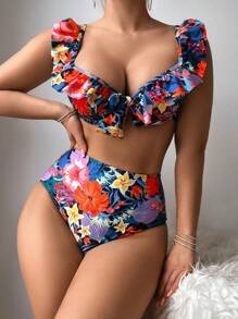 SHEIN Swim 女士聚拢花卉和植物印花比基尼套装狂欢夏日海滩 - 彩色 - 查看 7