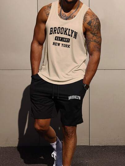 Manfinity Homme Linne och shorts med slogantryck för män Brooklyn Setbrooklyn herrlinnen