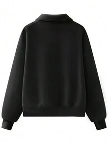 纯色半拉链落肩超大套头衫、长袖上衣 - 黑色 - 查看 2