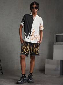 Manfinity VCAY Men's Woven Color Block Flame Print Short Sleeve Shirt - Multicolor - View 1