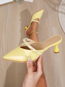 女性珍珠裝飾潮流平底涼鞋,2023夏季,中跟,尖頭,時尚設計 - 黃色 - 查看 3