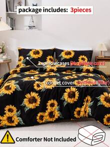 3pcs/Set Sunflower Bedding Set, Full Size, Solid Color Background With Sunflower Pattern, Comfortable Sunflower Duvet Cover Set Bedroom Decor 3pcs (1 Duvet Cover + 2 Pillowcases, No Insert) / Travel / Dorm (For Boys & Girls) - Black - View 7