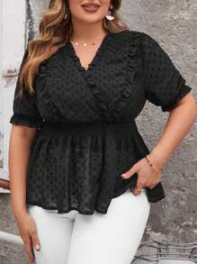 SHEIN Clasi Plus Size Women's Short Sleeve Shirt With Frill Hem - Black - View 6