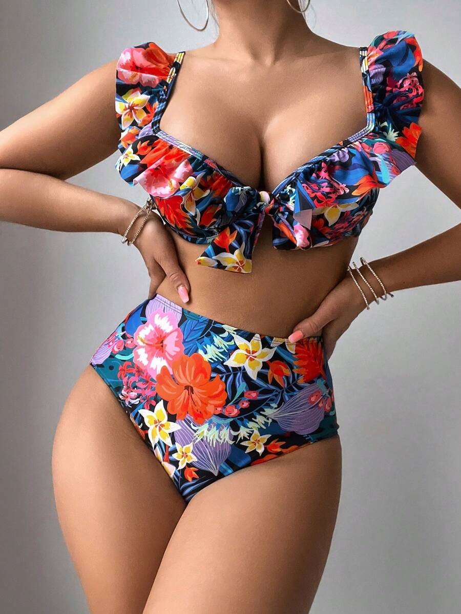 SHEIN Swim 女士聚拢花卉和植物印花比基尼套装狂欢夏日海滩 - 彩色 - 查看 1