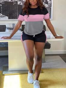 Conjunto de camiseta de manga corta con cuello redondo y shorts de talla grande con bloque de color para moda de verano - Gris - Ver 5