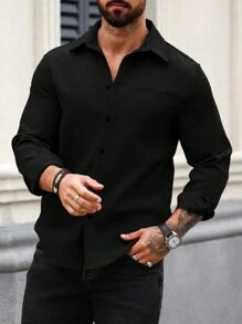 Manfinity Homme Men's Solid Color Casual Long Sleeve Shirt, Fall - Black - View 4