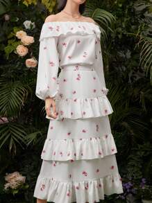 Seusyu Women Ruffle Lantern Sleeve Top With Ruffled Hem And Tiered Skirt Two-Piece Set 2 Pieces Set - White - View 7