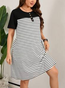 SHEIN LUNE 加大尺碼女士線條休閒復活節連衣裙 - 黑與白 - 查看 4