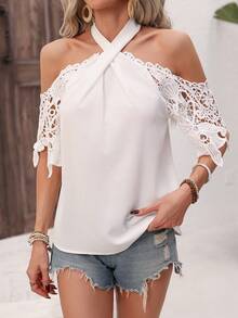 SHEIN Frenchy 純色蕾絲拼接領繩連接口袋上衣 - 白色 - 查看 3