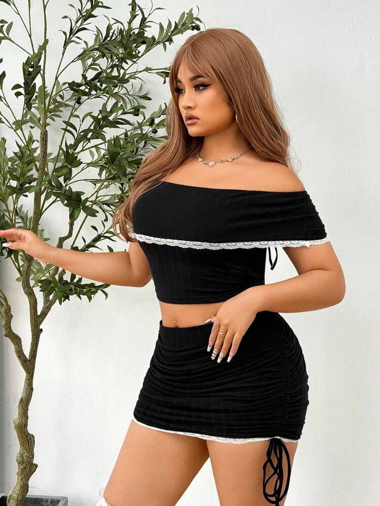 Plus Size Off-Shoulder Lace Trimmed Cropped Top With Drawstring & Ruched Mini Skirt Set