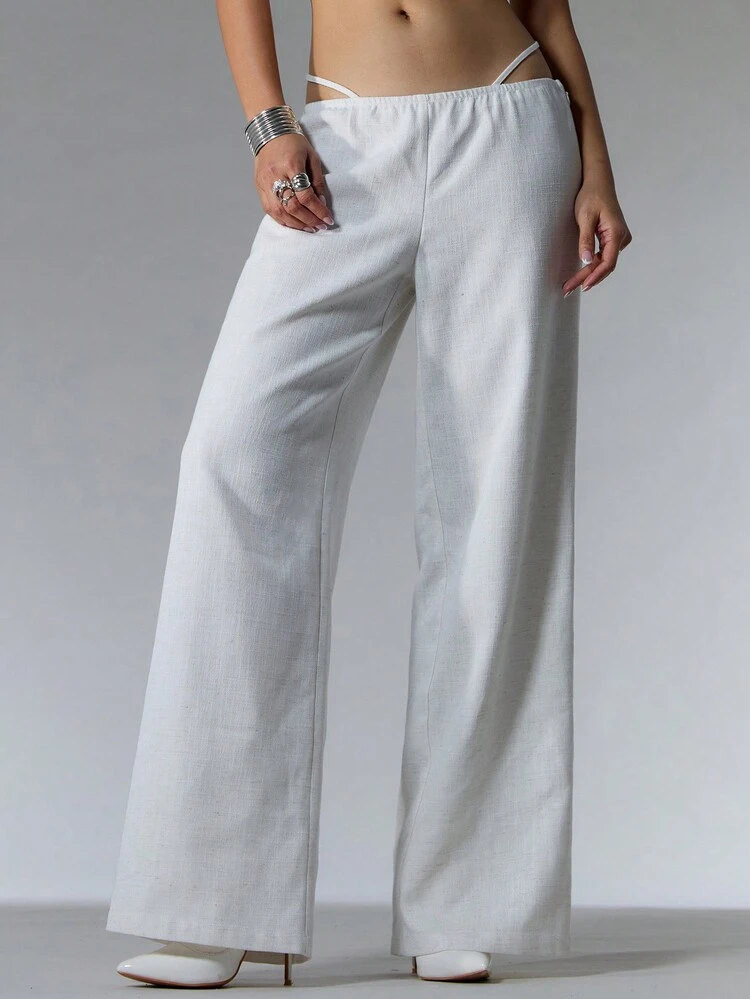 Linen Look Tie Side Straight Leg Trousers 90's Chic Elegant Vacation Summer Casual