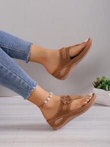 Women's Hollow Floral Platform Slipper, Open Toe Hollow Wedge Beach Sandals,Spring Summer Outfits - Brown - View 4