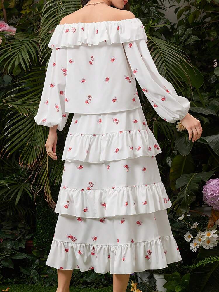 Women Ruffle Lantern Sleeve Top With Ruffled Hem And Tiered Skirt Two-Piece Set 2 Pieces Set