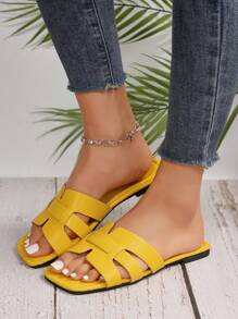Sandalias planas cómodas y de moda con tiras para vacaciones al aire libre, atuendos de primavera y verano - Amarillo - Ver 4