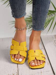 Sandalias planas cómodas y de moda con tiras para vacaciones al aire libre, atuendos de primavera y verano - Amarillo - Ver 5