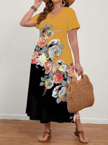 EMERY ROSE Women Plus Size Rose Flower Printed Short Sleeve Long Dress, Summer,Beach Dress Sundress,Holiday Outfits Boho