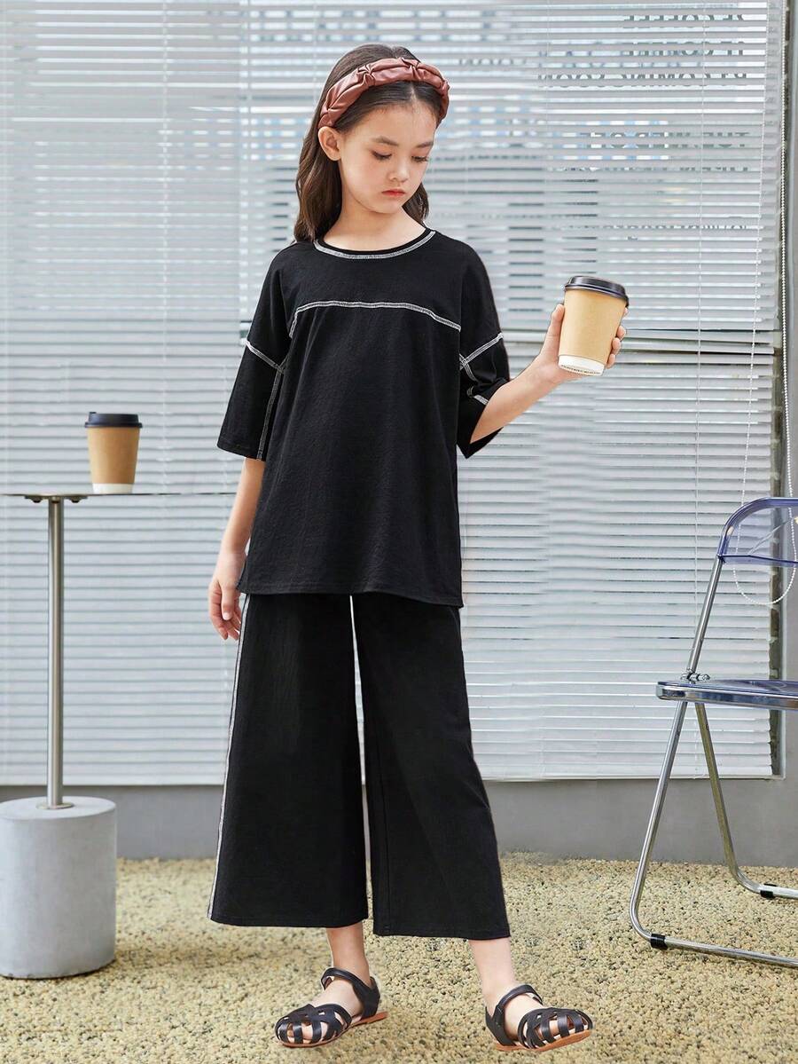 SHEIN 青少年女孩舒適寬鬆彩色拼接圓領下擺拖肩上衣和寬腿褲套裝 - 黑色 - 查看 1