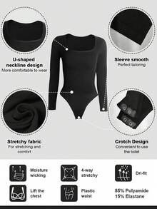 1pc Women's Seamless Long Sleeve Scoop Neck Jumpsuit With Thong Back Design, Flat Belly, Shapewear Jumpsuit, Waist Cincher - Black - View 7