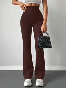 EURMUSE High Waist Flare Leg Pants - Brown - View 5