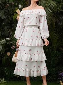 Seusyu Women Ruffle Lantern Sleeve Top With Ruffled Hem And Tiered Skirt Two-Piece Set 2 Pieces Set - White - View 3