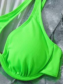 SHEIN Swim Summer Beach Fluorescent Green Neon One Shoulder Bikini Set Bathing Suit - Lime Green - View 6