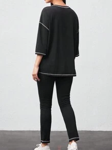 Mulvari In thư Cạnh thô Thả vai Áo thun Và Quần Bộ - màu đen - Xem 7