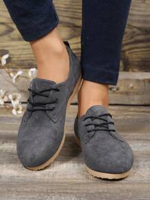 Giày bệt nữ, Giày màu xám đậm, Giày đế bệt chống nước, Giày buộc dây - Màu xám đen - Xem 1
