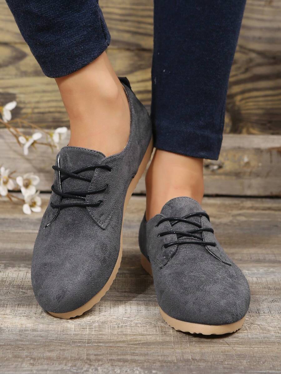 Giày bệt nữ, Giày màu xám đậm, Giày đế bệt chống nước, Giày buộc dây - Màu xám đen - Xem 1