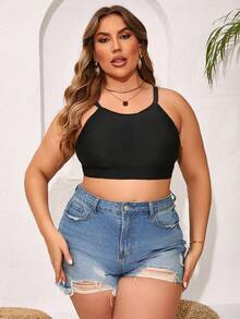 SHEIN Swim Curve Plus Size Women's Summer Beach Solid Color Bikini Top - Black - View 3