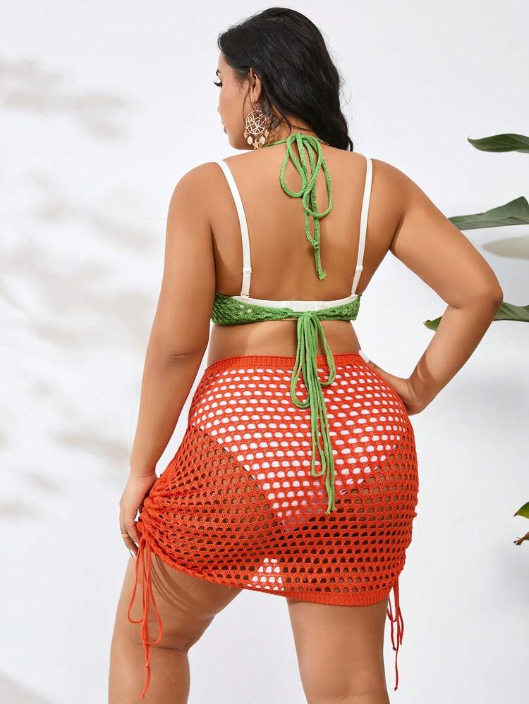 Summer Plus Size Bohemian Style Color Block Splice Hollow Out Backless Halter Cover Up Dress