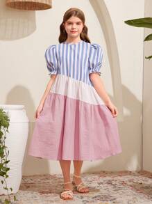 SHEIN Tween Girls' Loose Cute Round Neck Pullover Bubble Sleeve Patchwork Striped Color Block Midi Dress