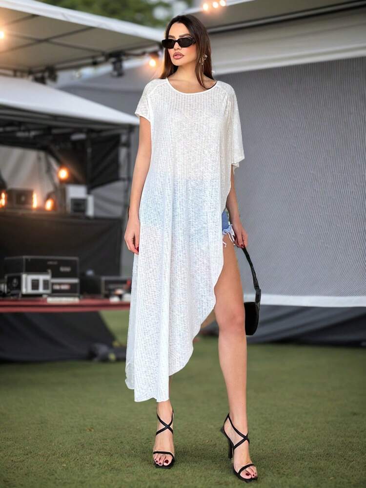 Women's Round Neck Raglan Sleeve Seaside Perspective Cover-Up For Summer Beach Vacation