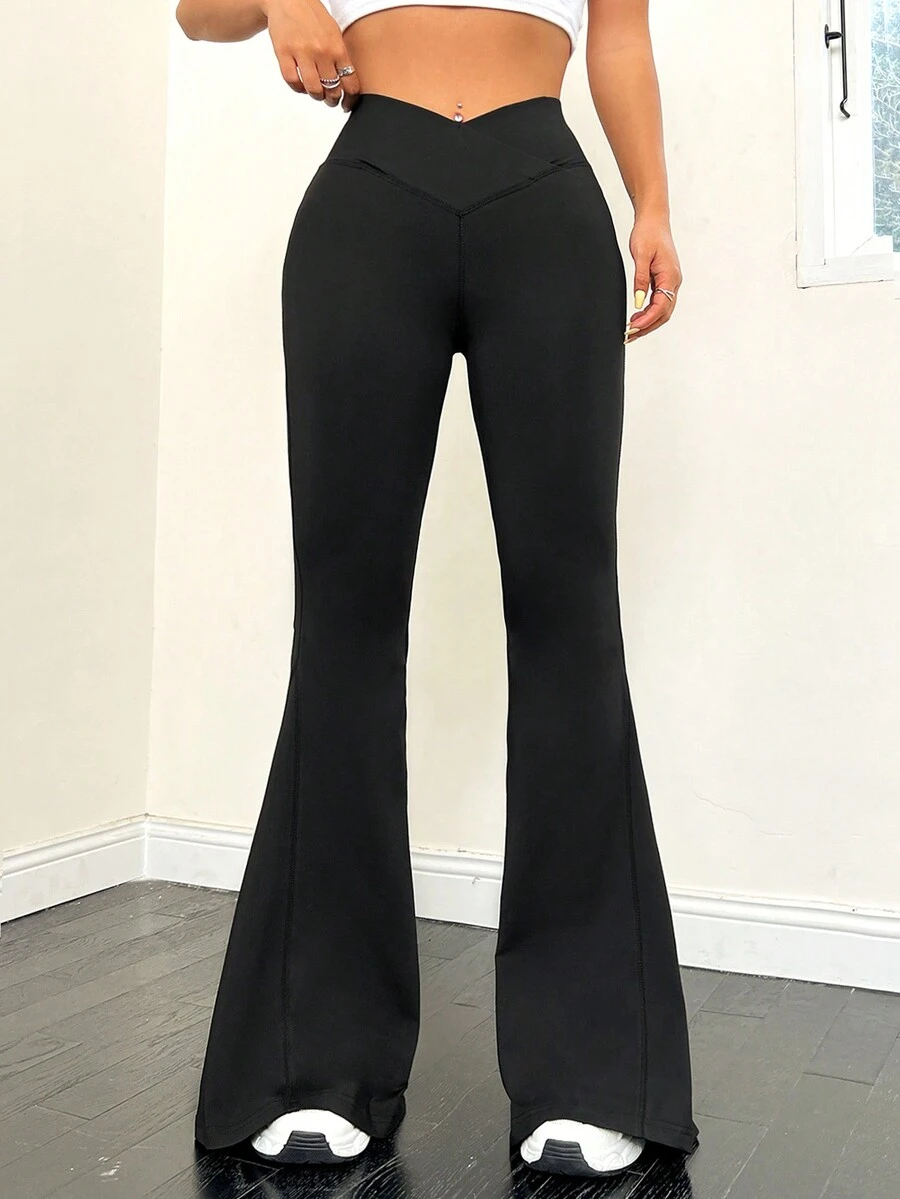 SHEIN EZwear 純色v型高腰喇叭褲 - 黑色 - 查看 1
