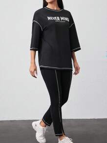 Mulvari In thư Cạnh thô Thả vai Áo thun Và Quần Bộ - màu đen - Xem 6