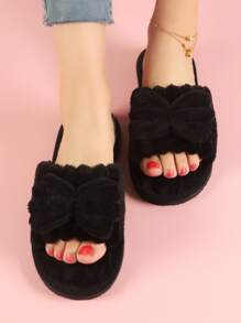 Bow Knot Fluffy Open-Toe Slippers For Women, Soft And Warm Indoor Home Slippers All Seasons