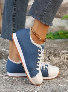 Zapatos Deportivos Informales Para Mujer De Denim Con Cordones, Calzado Para Mujer