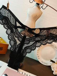 Contrast Lace Cut Out Back Sexy Panty, Black - Black - View 5