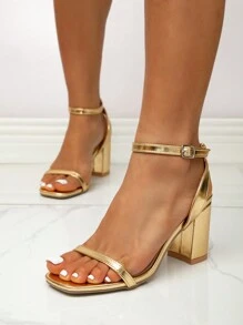 Fashionable, Minimalist, Sexy And Comfortable Gold Ankle Strap Chunky High Heels Sandals - Gold - View 5