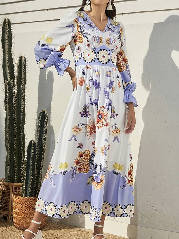 Women's Floral Printed Ruffle Sleeve Dress